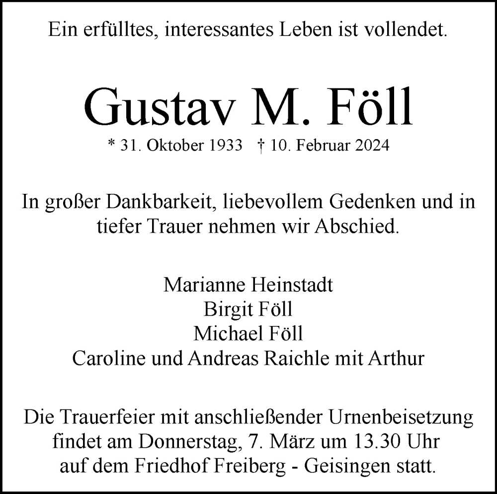  Traueranzeige für Gustav M. Föll vom 02.03.2024 aus Stuttgarter Zeitung / Stuttgarter Nachrichten