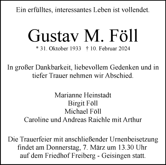 Traueranzeige von Gustav M. Föll von Stuttgarter Zeitung / Stuttgarter Nachrichten