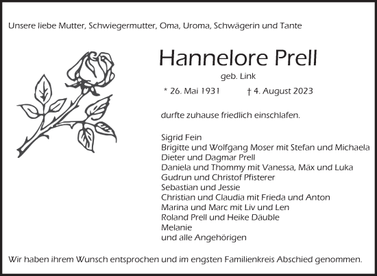 Traueranzeige von Hannelore Prell von Stuttgarter Zeitung / Stuttgarter Nachrichten