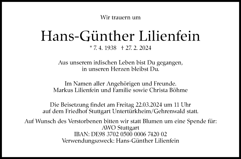  Traueranzeige für Hans-Günther Lilienfein vom 20.03.2024 aus Stuttgarter Zeitung / Stuttgarter Nachrichten