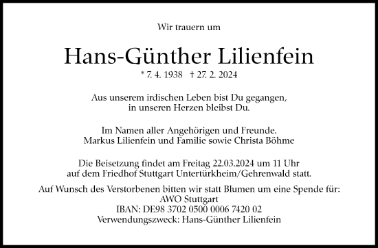 Traueranzeige von Hans-Günther Lilienfein von Stuttgarter Zeitung / Stuttgarter Nachrichten