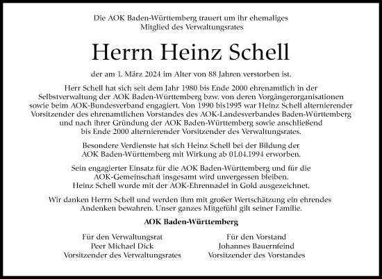 Traueranzeige von Heinz Schell von Stuttgarter Zeitung / Stuttgarter Nachrichten