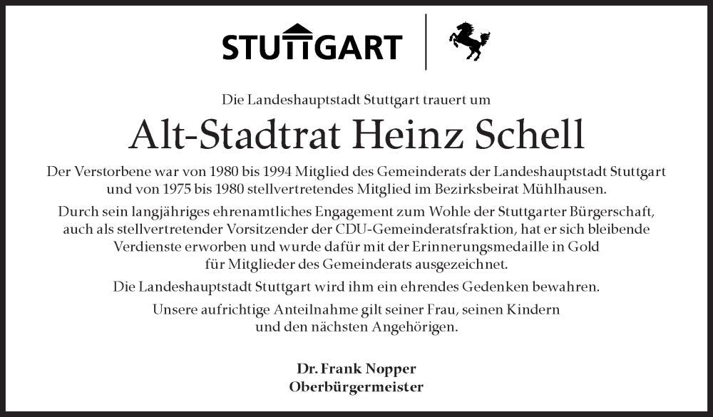  Traueranzeige für Heinz Schell vom 09.03.2024 aus Stuttgarter Zeitung / Stuttgarter Nachrichten
