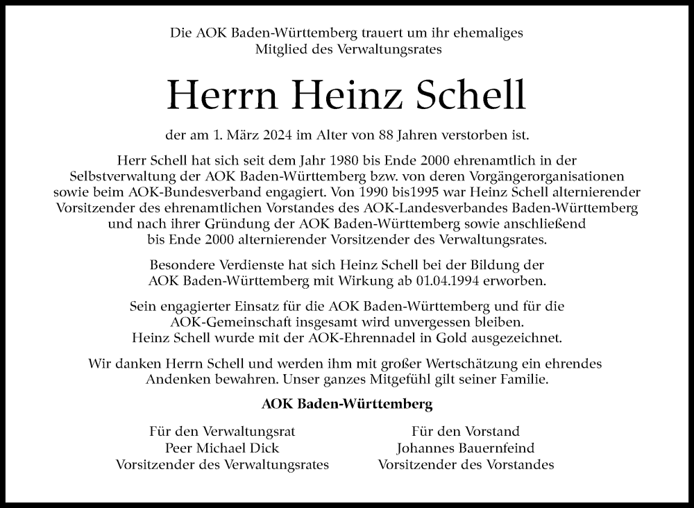  Traueranzeige für Heinz Schell vom 14.03.2024 aus Stuttgarter Zeitung / Stuttgarter Nachrichten