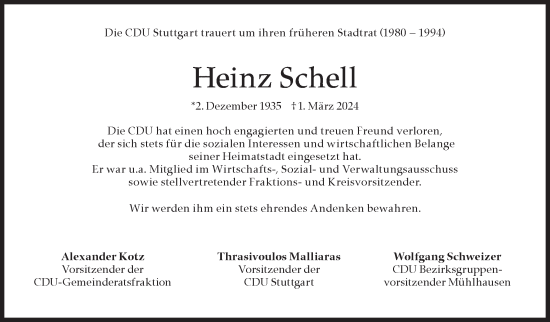 Traueranzeige von Heinz Schell von Stuttgarter Zeitung / Stuttgarter Nachrichten