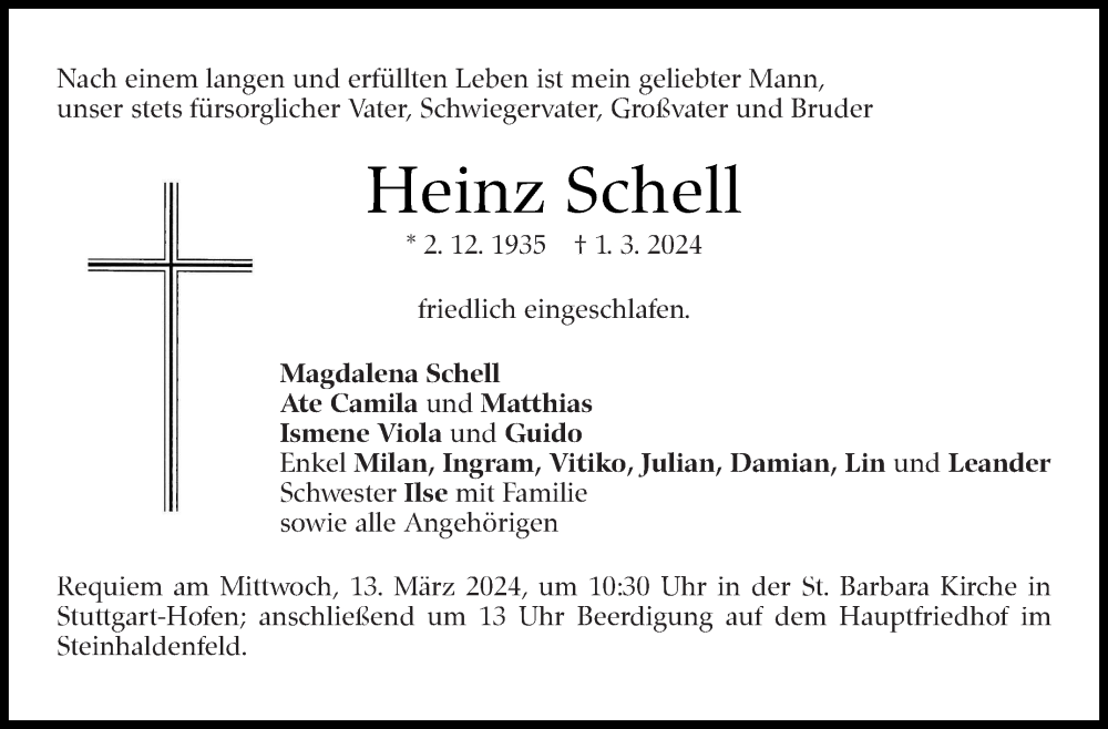  Traueranzeige für Heinz Schell vom 09.03.2024 aus Stuttgarter Zeitung / Stuttgarter Nachrichten