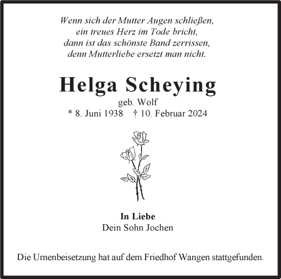 Traueranzeige von Helga Scheying von Stuttgarter Zeitung / Stuttgarter Nachrichten