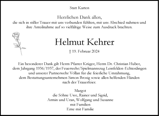 Traueranzeige von Helmut Kehrer von Stuttgarter Zeitung / Stuttgarter Nachrichten
