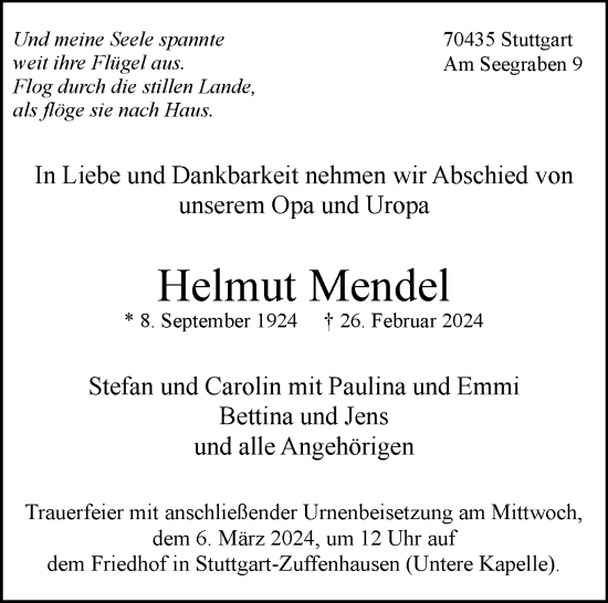 Traueranzeige von Helmut Mendel von Stuttgarter Zeitung / Stuttgarter Nachrichten