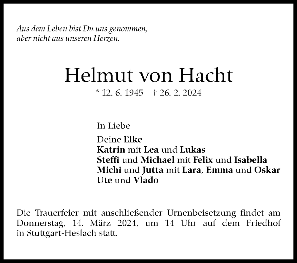  Traueranzeige für Helmut von Hacht vom 09.03.2024 aus Stuttgarter Zeitung / Stuttgarter Nachrichten