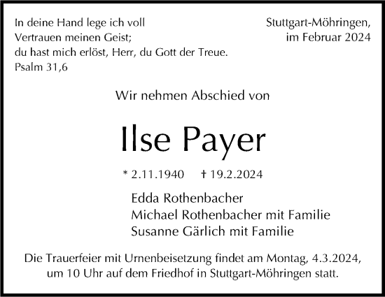 Traueranzeige von Ilse Payer von Stuttgarter Zeitung / Stuttgarter Nachrichten