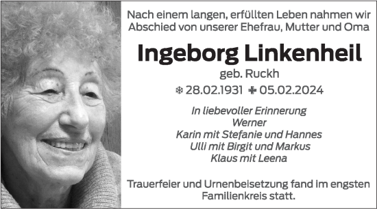 Traueranzeige von Ingeborg Linkenheil von Stuttgarter Zeitung / Stuttgarter Nachrichten