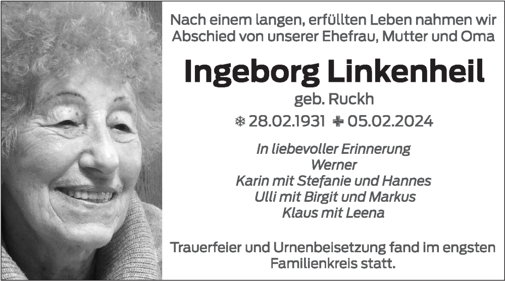  Traueranzeige für Ingeborg Linkenheil vom 02.03.2024 aus Stuttgarter Zeitung / Stuttgarter Nachrichten