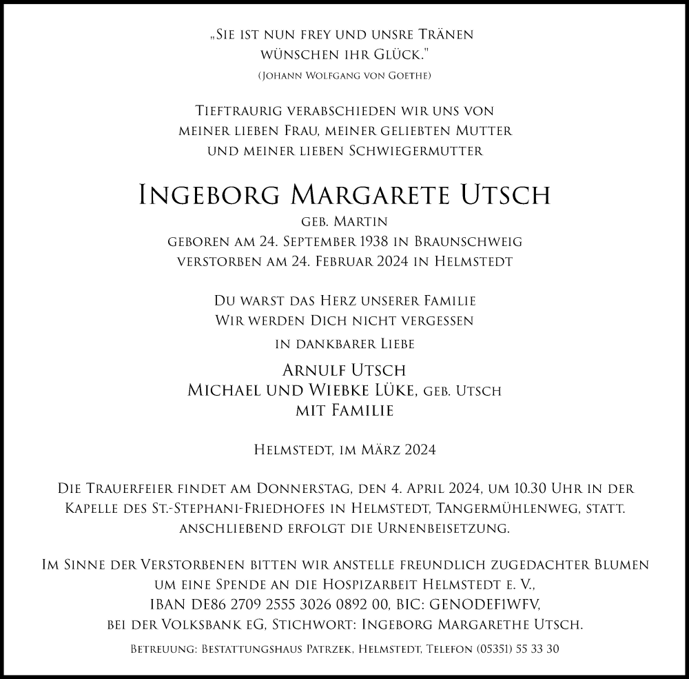  Traueranzeige für Ingeborg Margarete Utsch vom 09.03.2024 aus Stuttgarter Zeitung / Stuttgarter Nachrichten