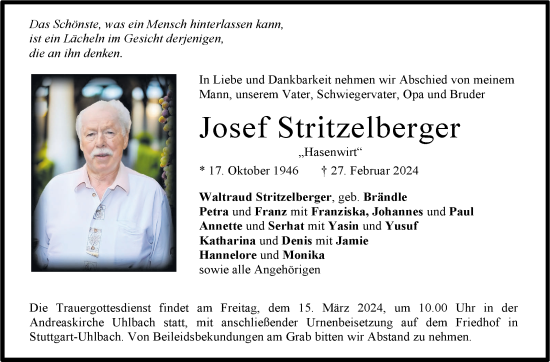 Traueranzeige von Josef Stritzelberger von Stuttgarter Zeitung / Stuttgarter Nachrichten