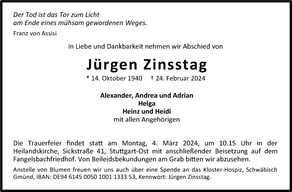  Traueranzeige für Jürgen Zinsstag vom 02.03.2024 aus Stuttgarter Zeitung / Stuttgarter Nachrichten