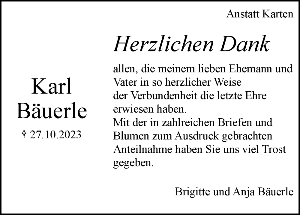  Traueranzeige für Karl Bäuerle vom 23.11.2023 aus Stuttgarter Zeitung / Stuttgarter Nachrichten
