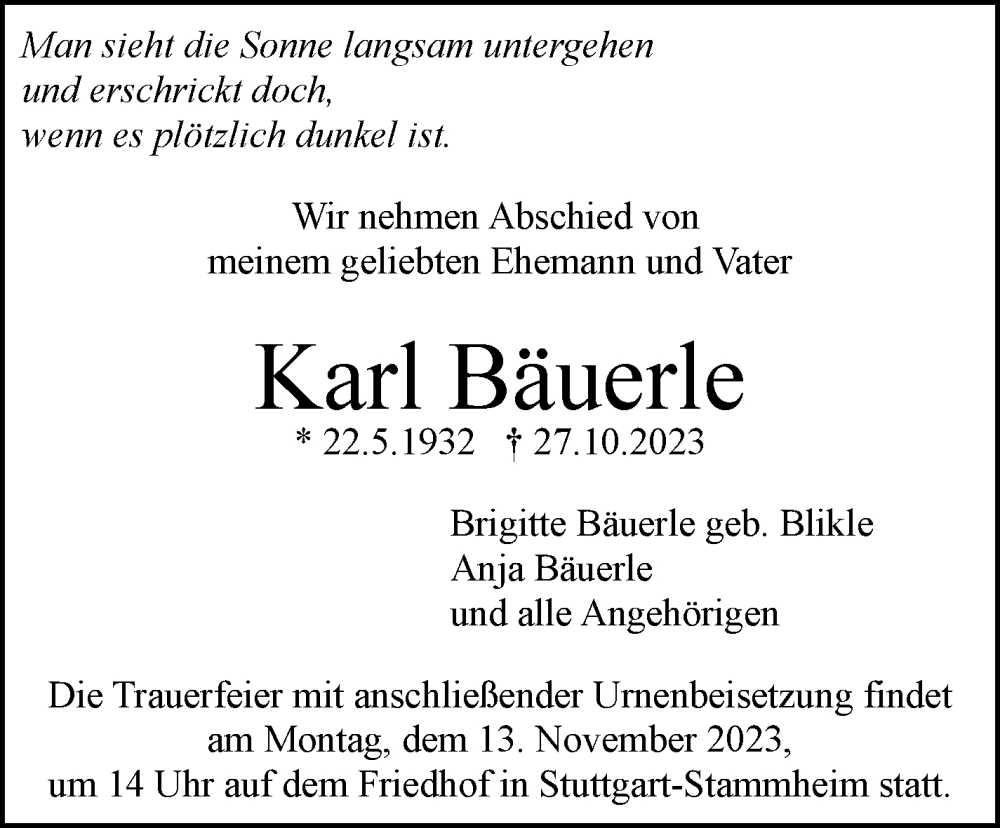  Traueranzeige für Karl Bäuerle vom 04.11.2023 aus Stuttgarter Zeitung / Stuttgarter Nachrichten