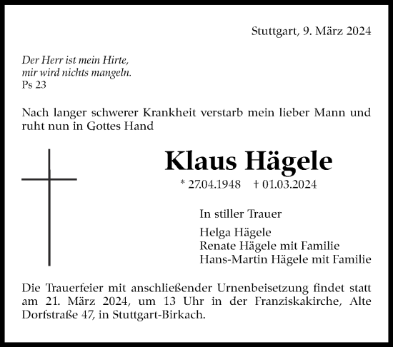 Traueranzeige von Klaus Hägele von Stuttgarter Zeitung / Stuttgarter Nachrichten