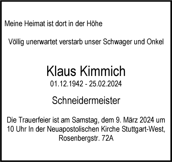 Traueranzeige von Klaus Kimmich von Stuttgarter Zeitung / Stuttgarter Nachrichten