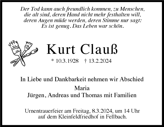 Traueranzeige von Kurt Clauß von Stuttgarter Zeitung / Stuttgarter Nachrichten