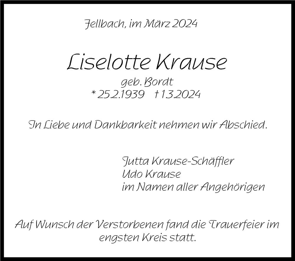  Traueranzeige für Liselotte Krause vom 22.03.2024 aus Stuttgarter Zeitung / Stuttgarter Nachrichten