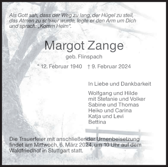 Traueranzeige von Margot Zange von Stuttgarter Zeitung / Stuttgarter Nachrichten