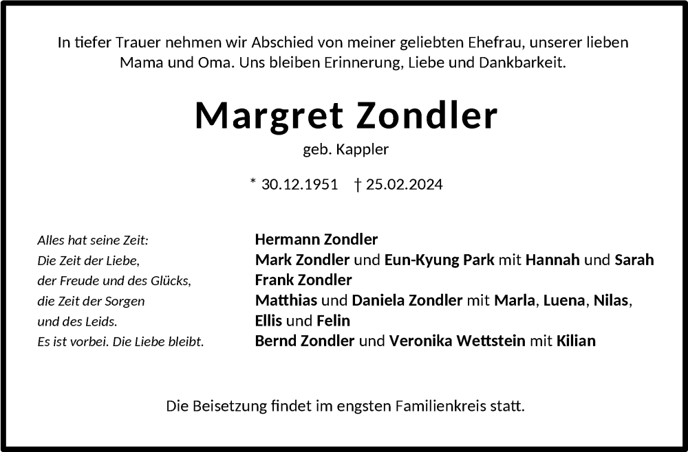  Traueranzeige für Margret Zondler vom 09.03.2024 aus Stuttgarter Zeitung / Stuttgarter Nachrichten