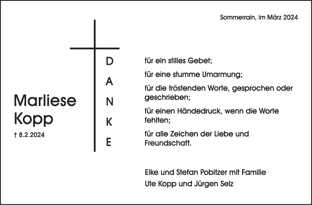  Traueranzeige für Marliese Kopp vom 02.03.2024 aus Stuttgarter Zeitung / Stuttgarter Nachrichten
