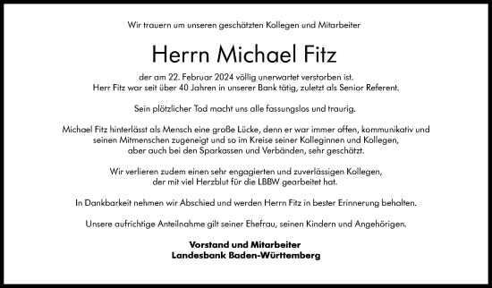 Traueranzeige von Michael Fitz von Stuttgarter Zeitung / Stuttgarter Nachrichten