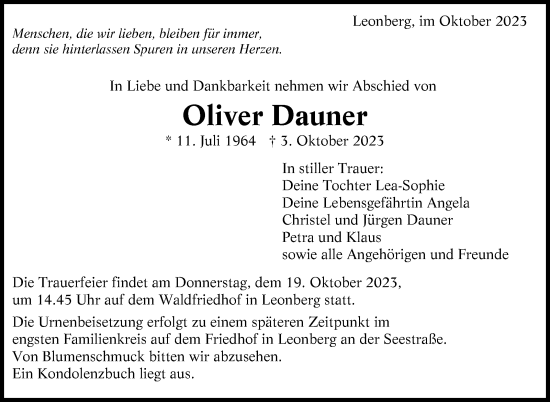 Traueranzeige von Oliver Dauner von Stuttgarter Zeitung / Stuttgarter Nachrichten