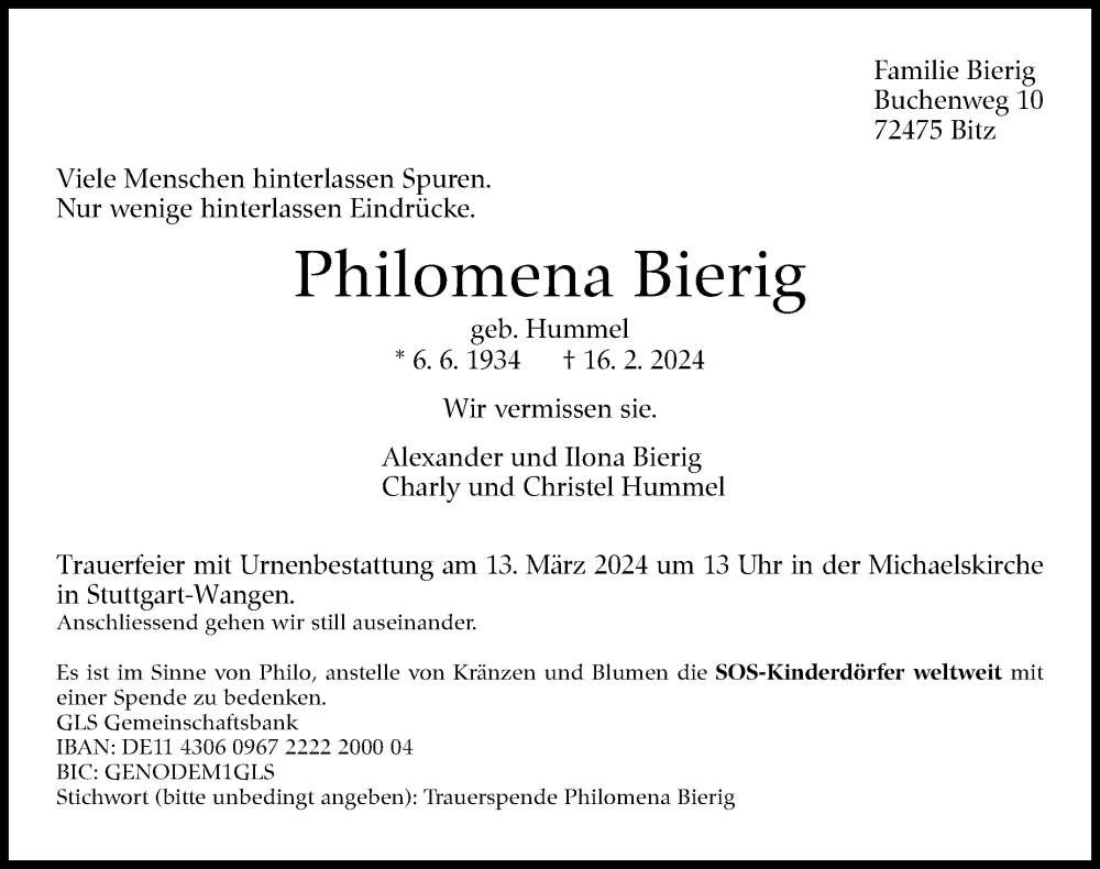  Traueranzeige für Philomena Bierig vom 02.03.2024 aus Stuttgarter Zeitung / Stuttgarter Nachrichten