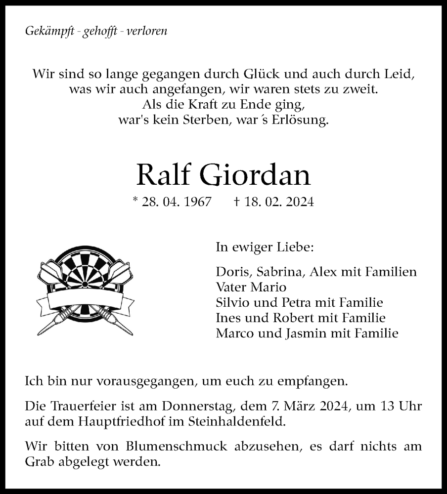  Traueranzeige für Ralf Giordan vom 01.03.2024 aus Stuttgarter Zeitung / Stuttgarter Nachrichten