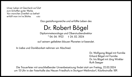 Traueranzeige von Robert Bögel von Stuttgarter Zeitung / Stuttgarter Nachrichten