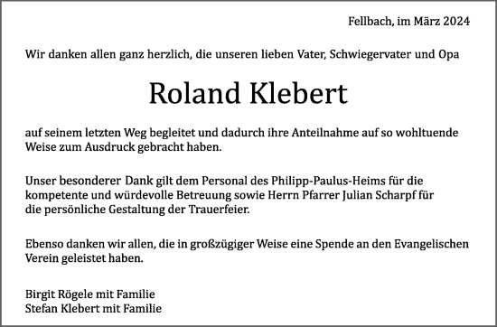 Traueranzeige von Roland Klebert von Stuttgarter Zeitung / Stuttgarter Nachrichten