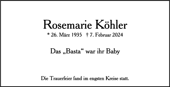 Traueranzeige von Rosemarie Köhler von Stuttgarter Zeitung / Stuttgarter Nachrichten