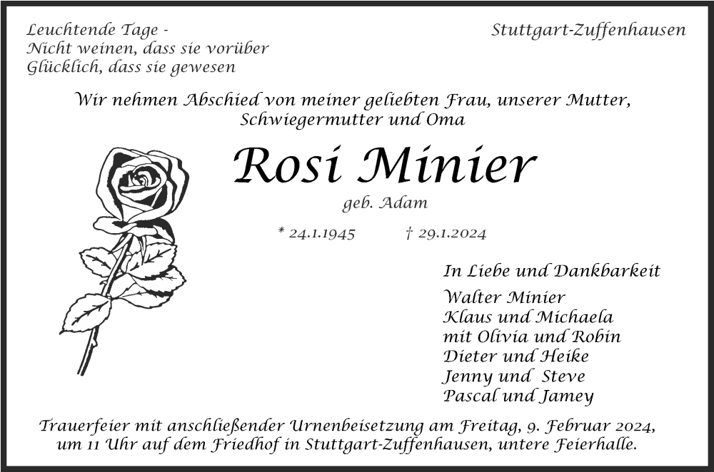  Traueranzeige für Rosi Minier vom 03.02.2024 aus Stuttgarter Zeitung / Stuttgarter Nachrichten