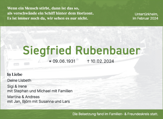 Traueranzeige von Siegfried Rubenbauer von Stuttgarter Zeitung / Stuttgarter Nachrichten