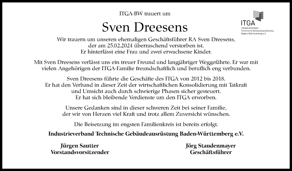  Traueranzeige für Sven Dreesens vom 23.03.2024 aus Stuttgarter Zeitung / Stuttgarter Nachrichten
