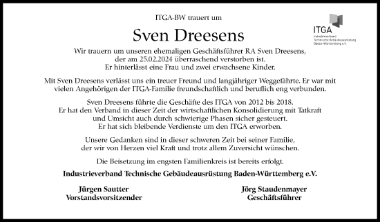 Traueranzeige von Sven Dreesens von Stuttgarter Zeitung / Stuttgarter Nachrichten