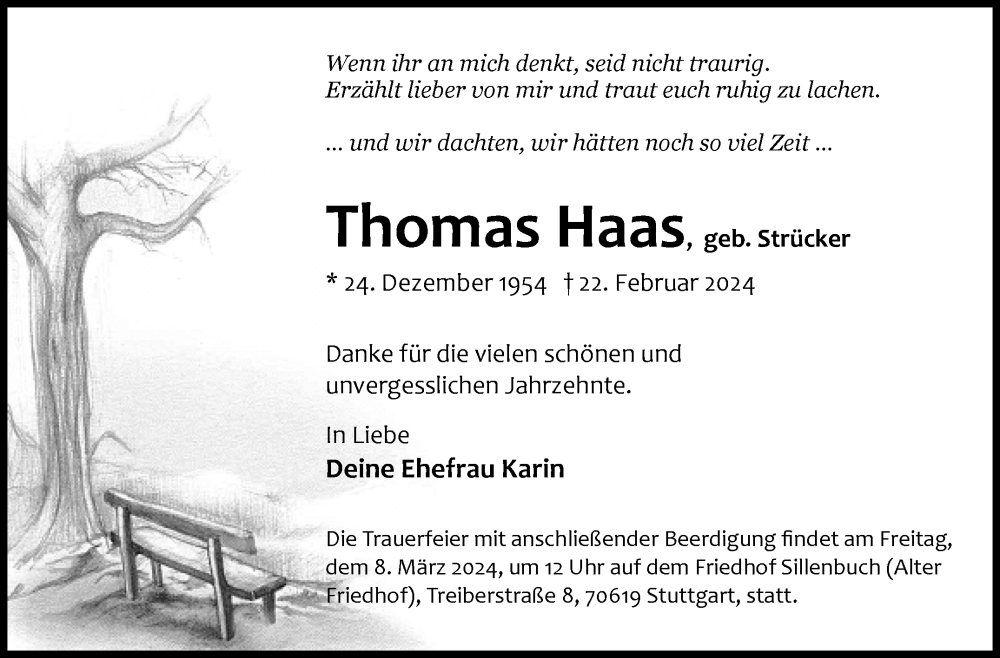  Traueranzeige für Thomas Haas vom 02.03.2024 aus Stuttgarter Zeitung / Stuttgarter Nachrichten