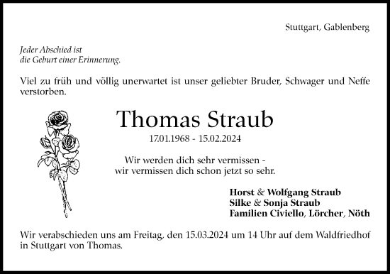 Traueranzeige von Thomas Straub von Stuttgarter Zeitung / Stuttgarter Nachrichten