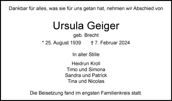 Traueranzeige von Ursula Geiger von Stuttgarter Zeitung / Stuttgarter Nachrichten