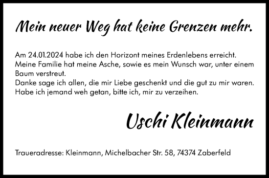 Traueranzeige von Uschi Kleinmann von Stuttgarter Zeitung / Stuttgarter Nachrichten