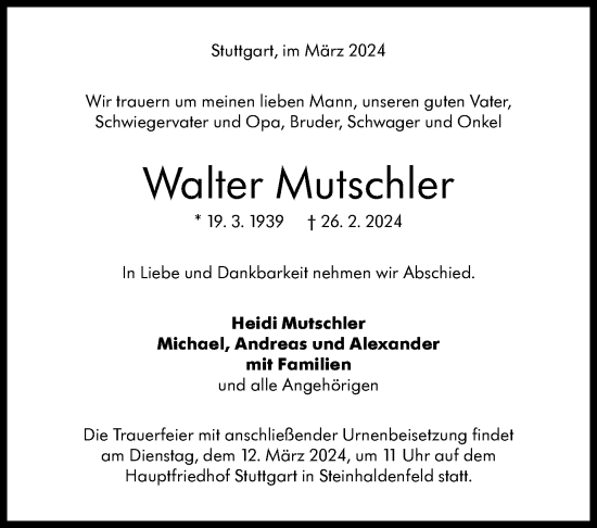 Traueranzeige von Walter Mutschler von Stuttgarter Zeitung / Stuttgarter Nachrichten