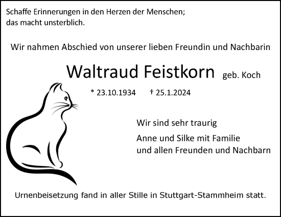 Traueranzeige von Waltraud Feistkorn von Stuttgarter Zeitung / Stuttgarter Nachrichten