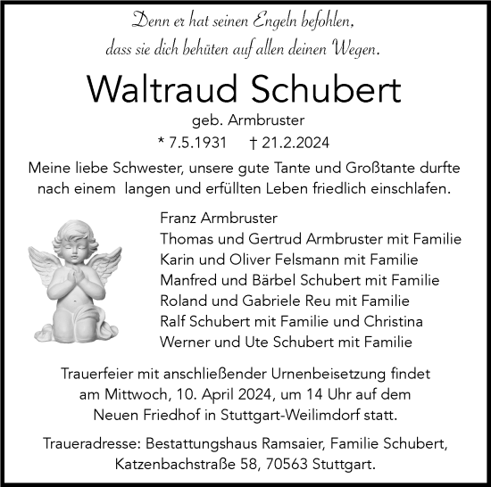 Traueranzeige von Waltraud Schubert von Stuttgarter Zeitung / Stuttgarter Nachrichten