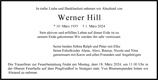 Traueranzeige von Werner Hill von Stuttgarter Zeitung / Stuttgarter Nachrichten