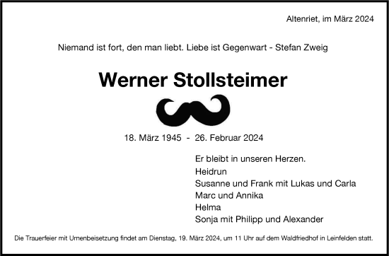 Traueranzeige von Werner Stollsteimer von Stuttgarter Zeitung / Stuttgarter Nachrichten
