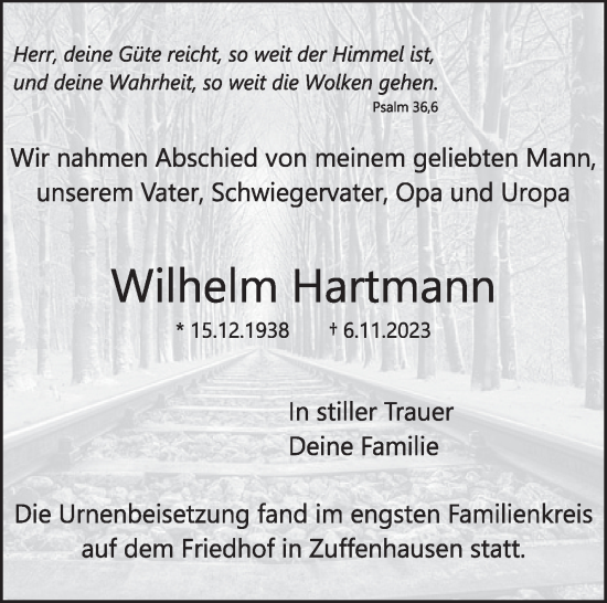 Traueranzeige von Wilhelm Hartmann von Stuttgarter Zeitung / Stuttgarter Nachrichten